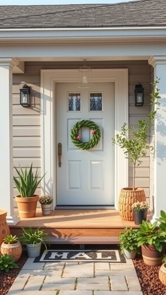 Small front porch decorated with potted plants and a natural wreath.