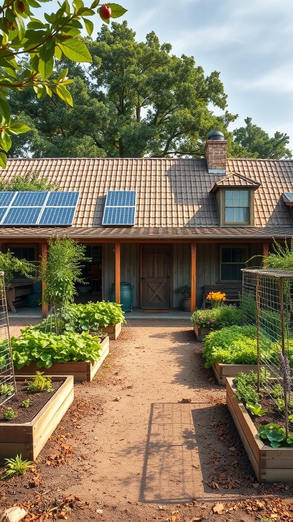 Rustic farmhouse with solar panels and a garden.