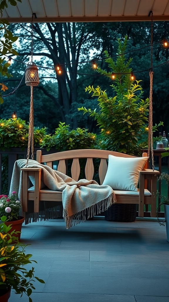 A wooden swing bed on a porch, adorned with cushions and a blanket, surrounded by plants and string lights.