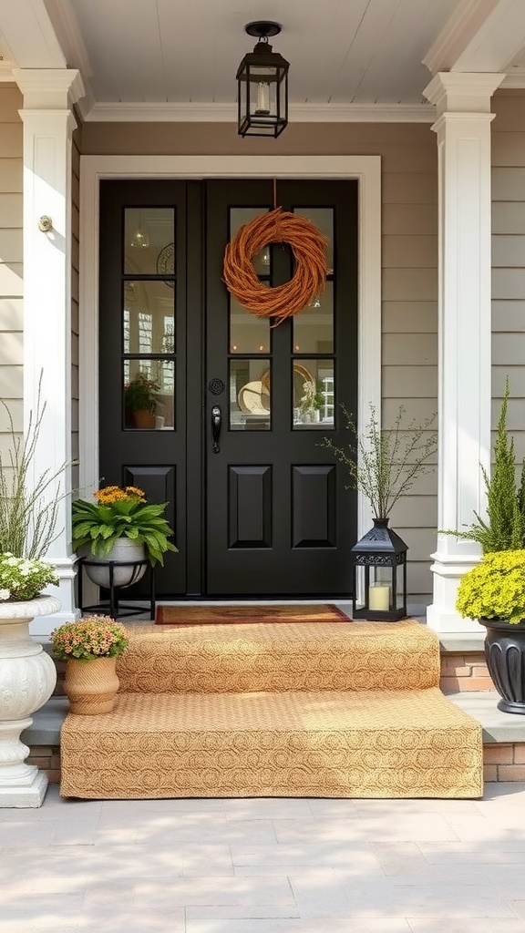 Farmhouse front porch with textured rugs on steps leading to a black door