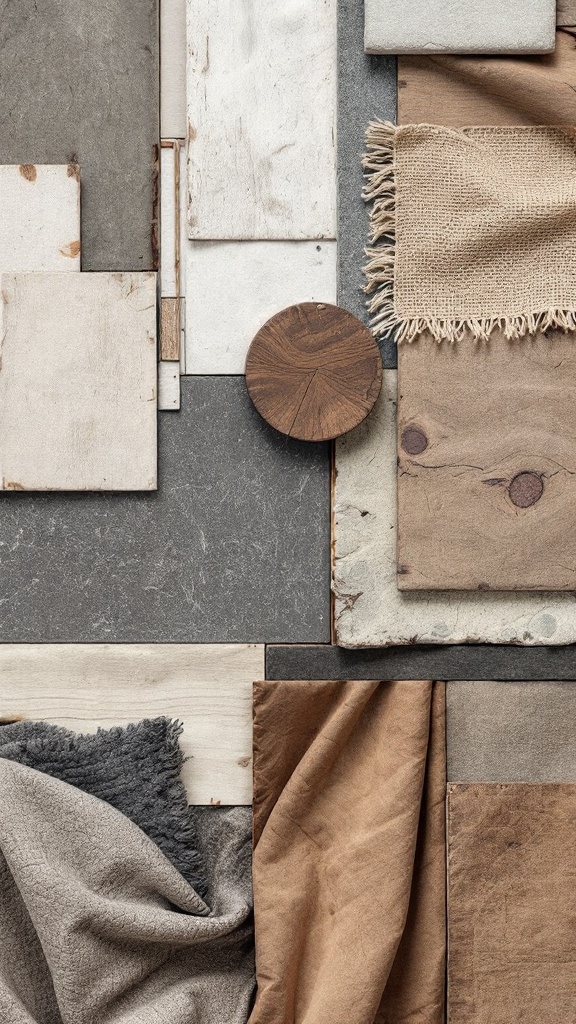 A collection of rustic textures including wood, stone, and fabric.