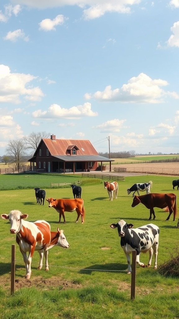 Rustic farmhouse with a wrap-around porch and cows in the foreground.