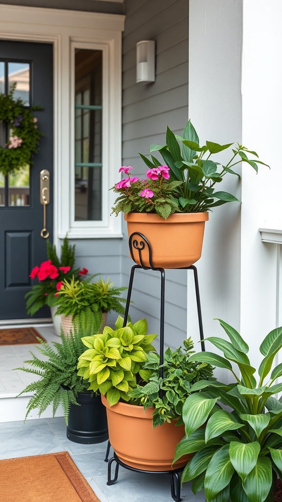 A tiered planter stand with colorful flowers and greenery on a front porch.