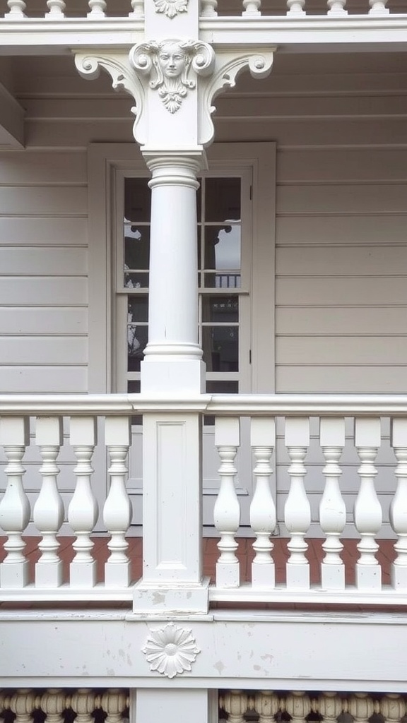 Traditional balustrade railings with decorative elements and white finish on a porch.