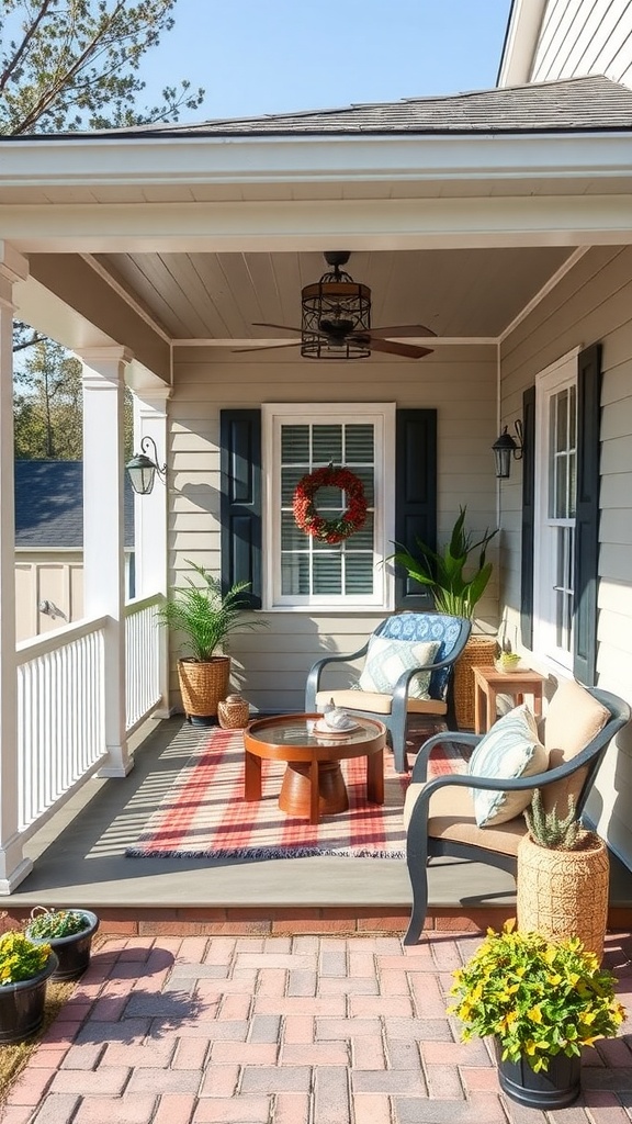 Cozy rustic farmhouse porch with seating and decorations.