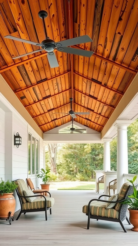 Porch with treated wood beams and comfortable seating.