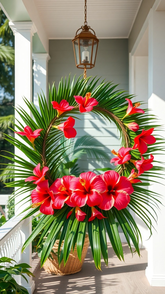 A tropical wreath featuring red hibiscus flowers and green palm leaves, hanging on a porch