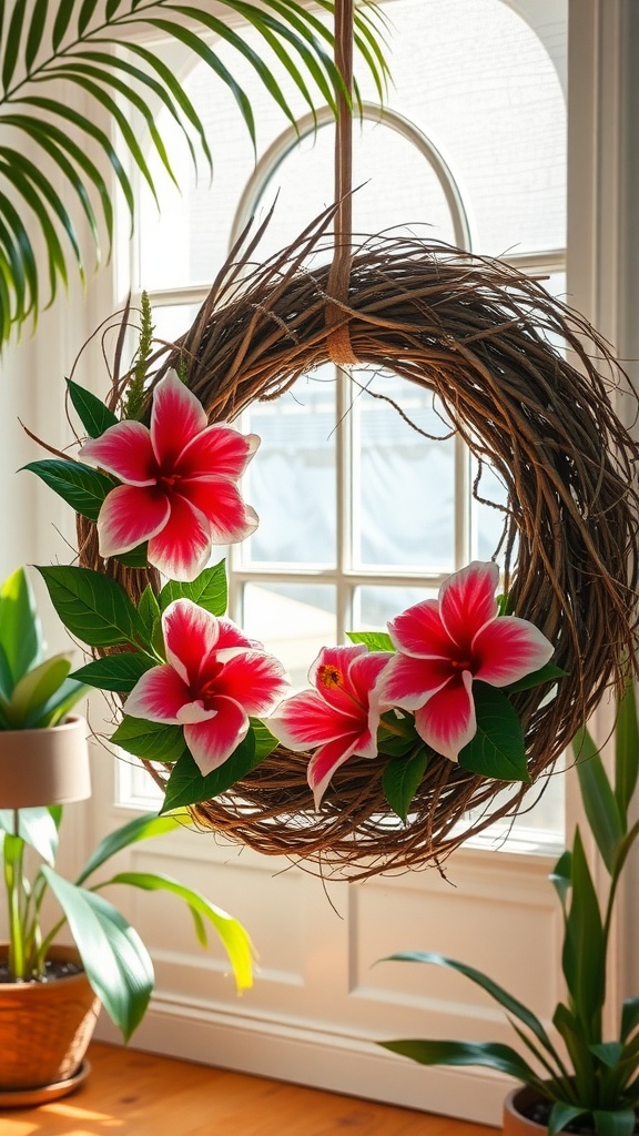 A tropical grapevine wreath adorned with hibiscus flowers and green leaves, hanging in a bright room.