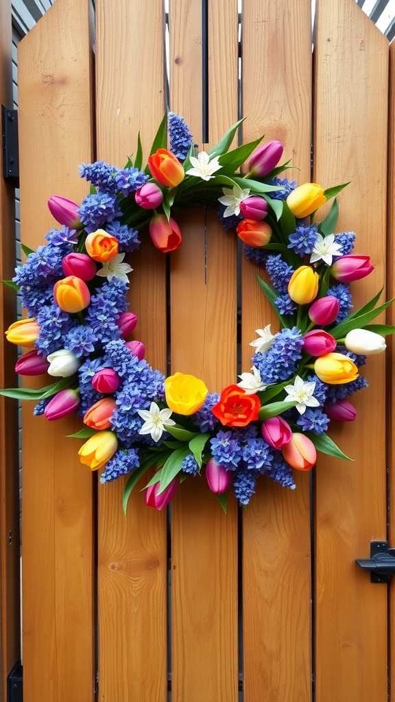 A colorful spring wreath featuring tulips and hyacinths, hanging on a wooden fence.