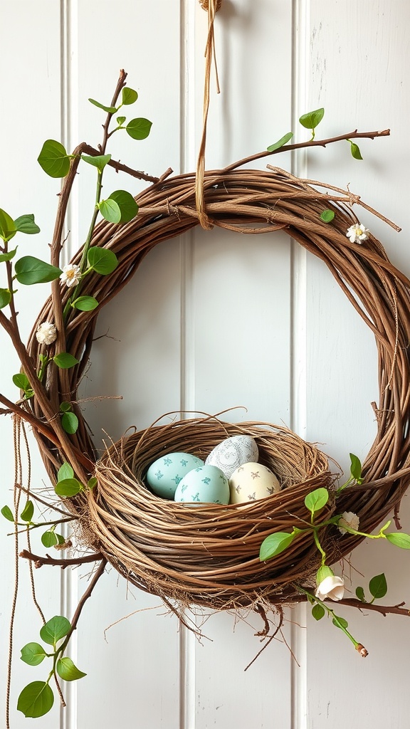 Easter wreath featuring a bird's nest with decorated eggs