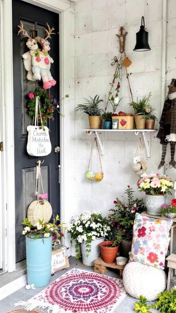 A small front porch decorated with handcrafted items, including pillows, planters, and rustic decor.