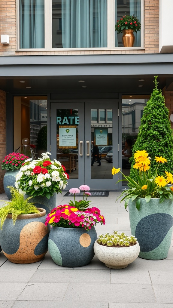 Colorful planters with various flowers arranged at an outdoor entryway.