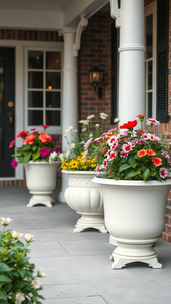 Colorful flower planters on a front porch