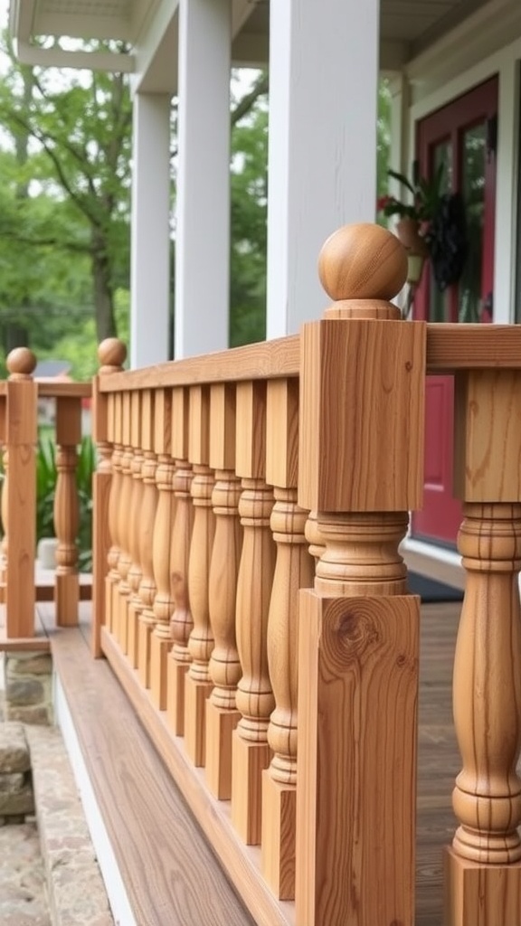 Close-up of rustic farmhouse porch railings and spindles