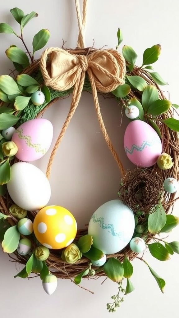 Easter egg wreath with colorful eggs and greenery on a dark background