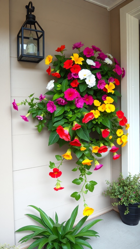 A colorful vertical garden planter filled with various flowers on a small front porch.