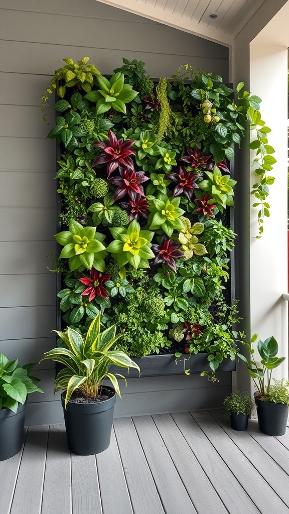 A vibrant vertical garden wall with various plants on a porch.