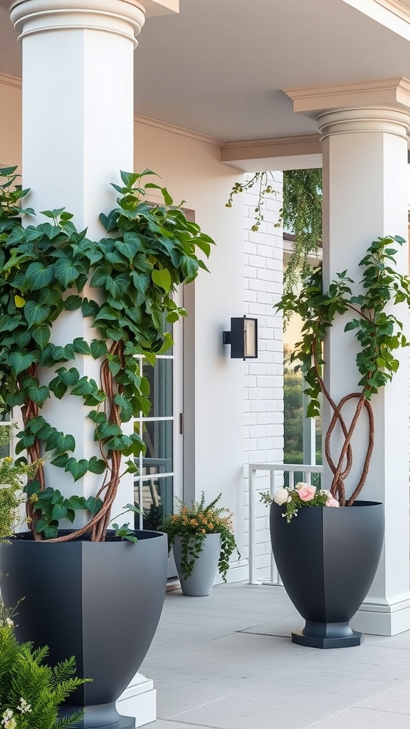 Vertical planter columns with climbing plants on a modern front porch.