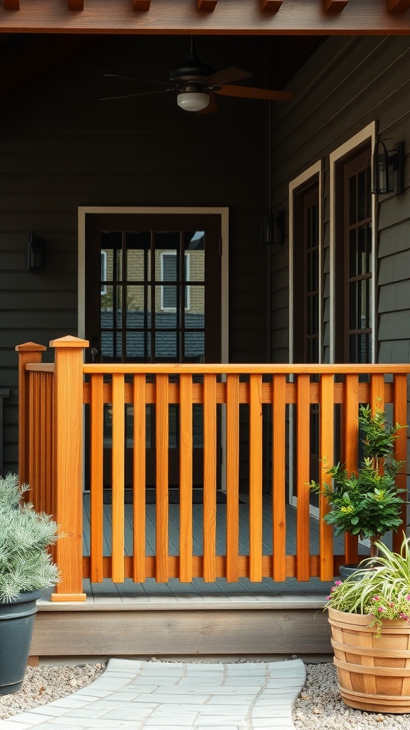 A porch with vertical slat railing, featuring wooden slats and a cozy atmosphere.