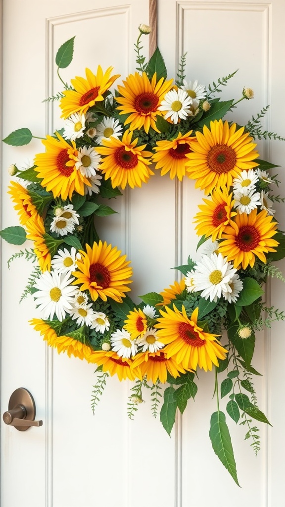 A vibrant summer wreath made of sunflowers and daisies hanging on a door.