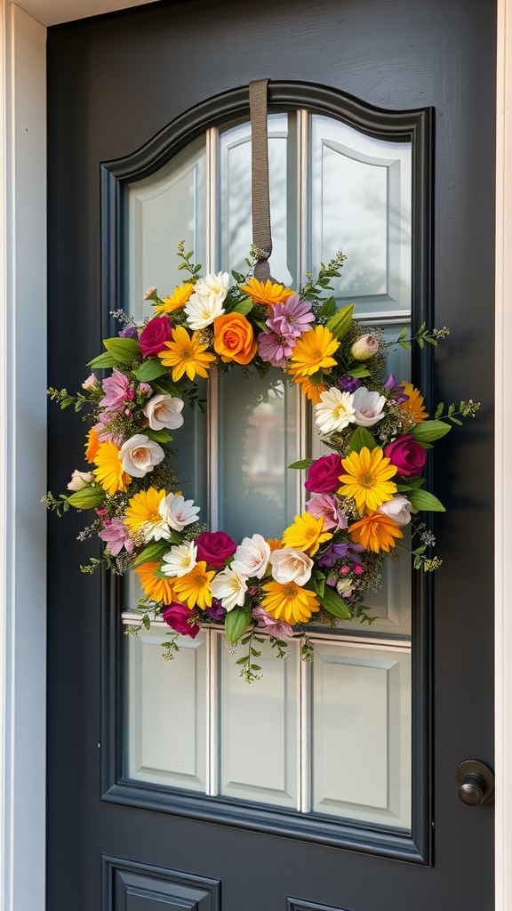 A vibrant floral wreath with roses, daisies, and other flowers on a front door.