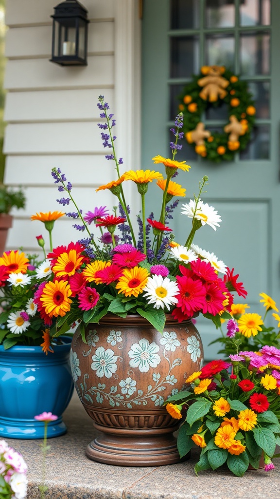 Colorful flower arrangements in decorative pots on a porch