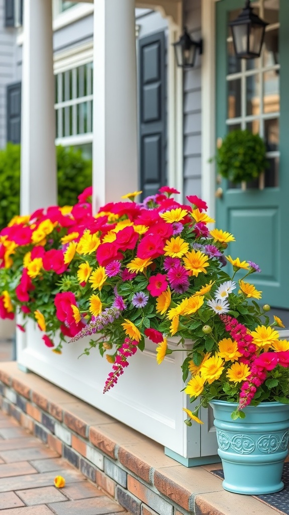 A vibrant flower box filled with colorful flowers on a front porch.