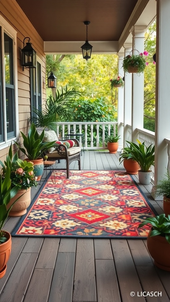 Colorful outdoor rug on a porch surrounded by plants