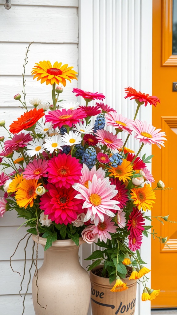 A vibrant arrangement of artificial flowers in a white planter on a front porch.