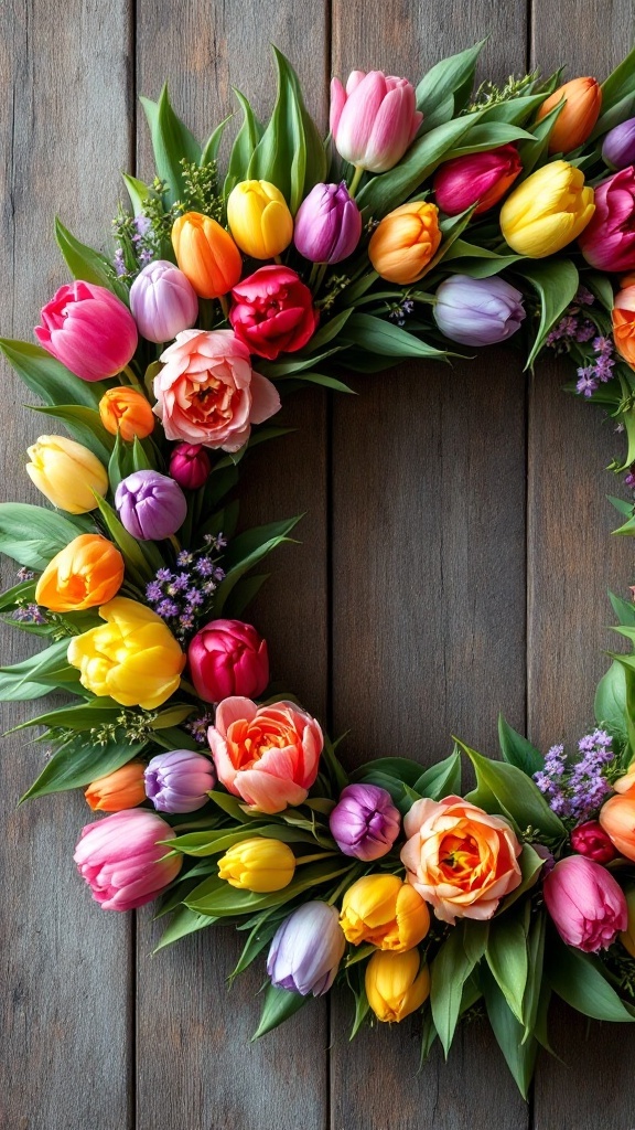 A colorful arrangement of tulips in a circular wreath on a wooden surface.