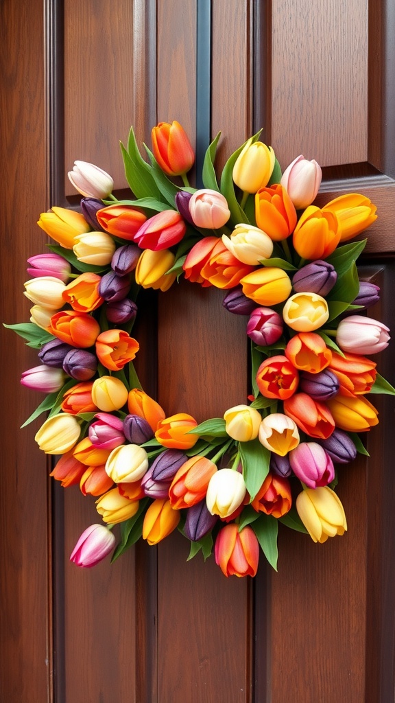 A vibrant wreath made of colorful tulips hanging on a wooden door.