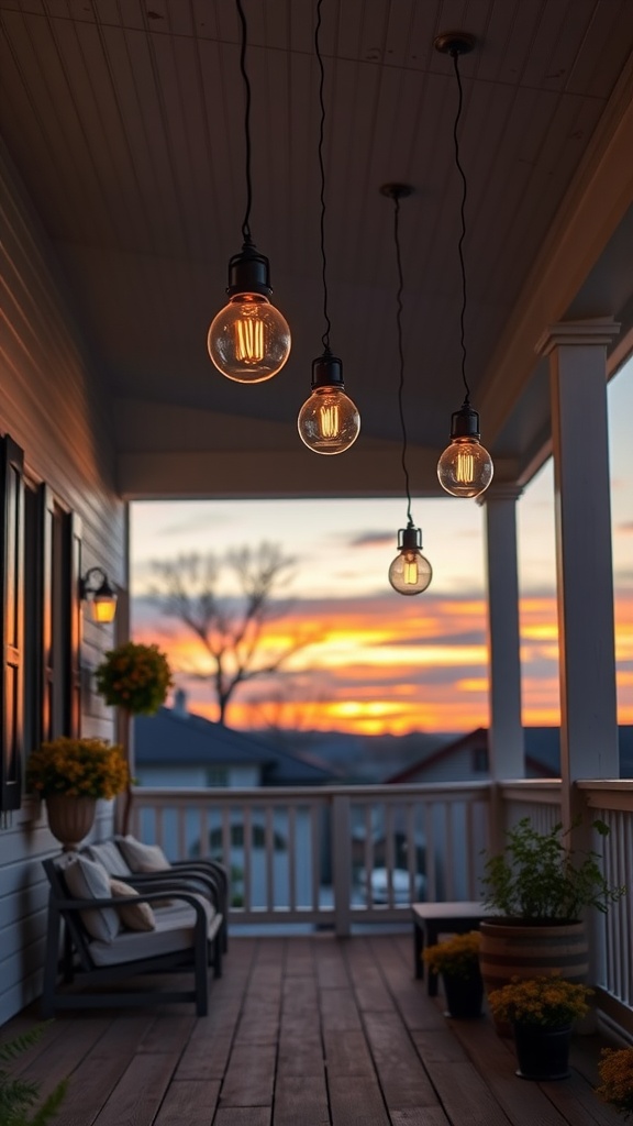 A cozy porch with warm hanging lights and potted plants, overlooking a vibrant sunset in the background.