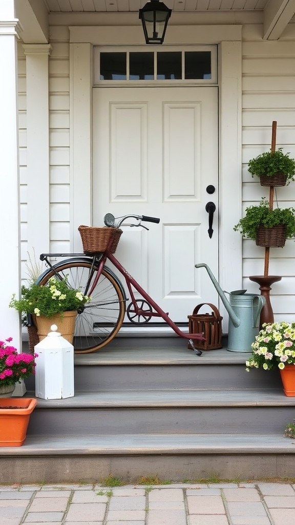 Vintage accessories on a farmhouse front porch including a bicycle, watering can, and potted flowers.