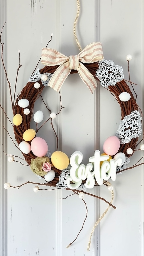 A vintage-inspired Easter wreath featuring pastel eggs, pearls, and a decorative bow.