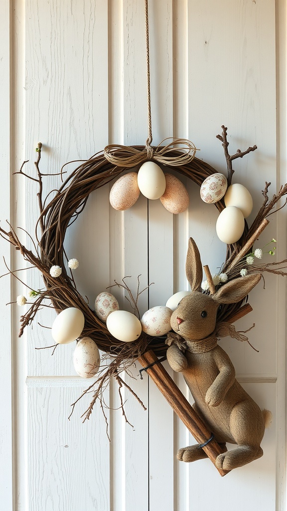 A vintage inspired Easter wreath featuring a bunny and decorative eggs.