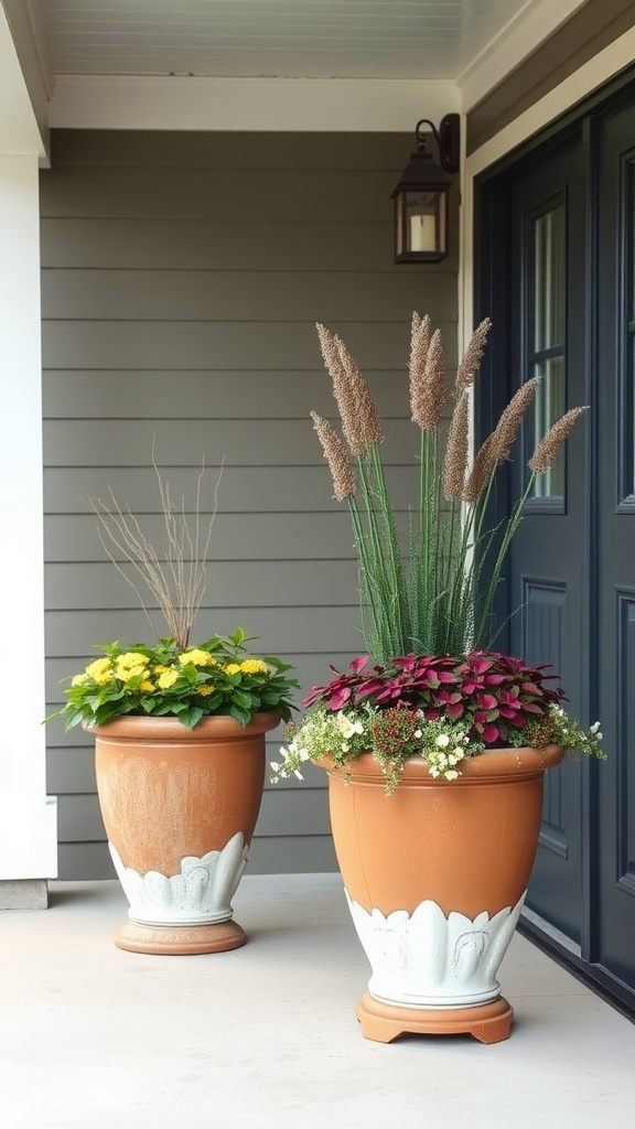 Two vintage-style planters with colorful plants on a front porch.