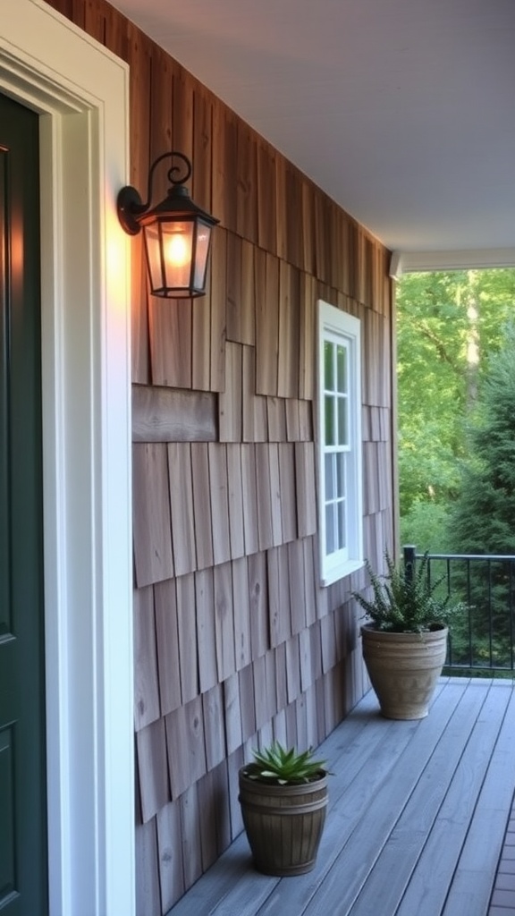 A rustic wall-mounted sconce on a farmhouse front porch, illuminating the wood paneling.