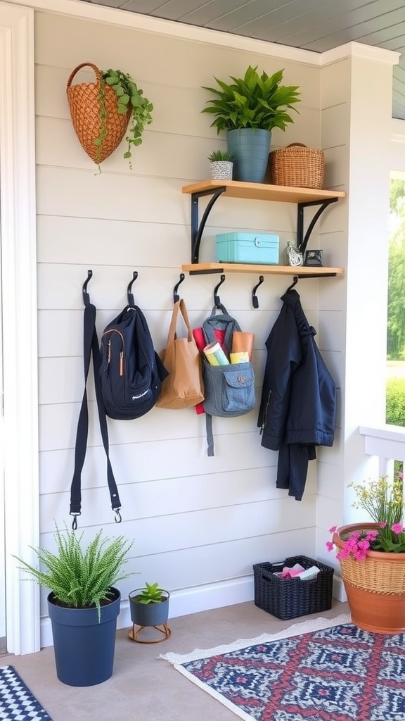 A small front porch featuring wall-mounted storage solutions with hooks for bags and jackets, floating shelves for plants, and decorative items.