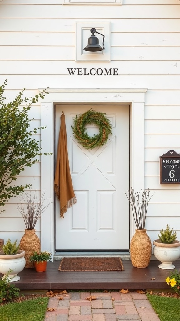 A rustic farmhouse entryway featuring a white door with a wreath, warm decor, and a welcoming atmosphere.