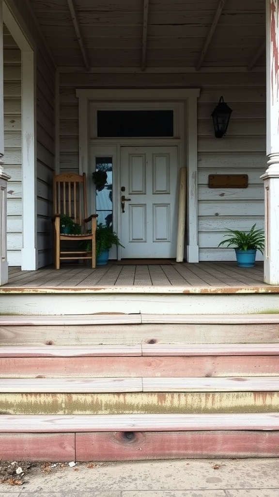 Weathered farmhouse front porch steps leading up to a door