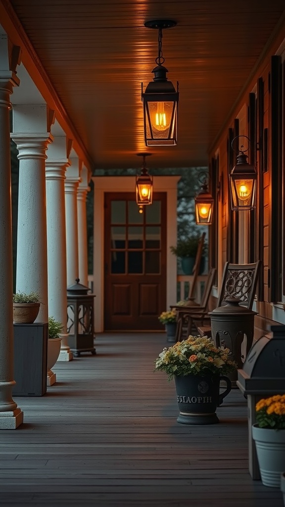 A rustic farmhouse porch with hanging weathered lanterns illuminating the space.