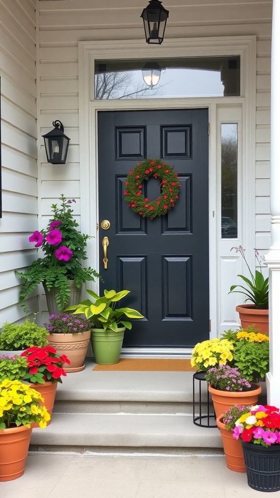 Front porch with colorful potted plants and a decorative wreath on the door.