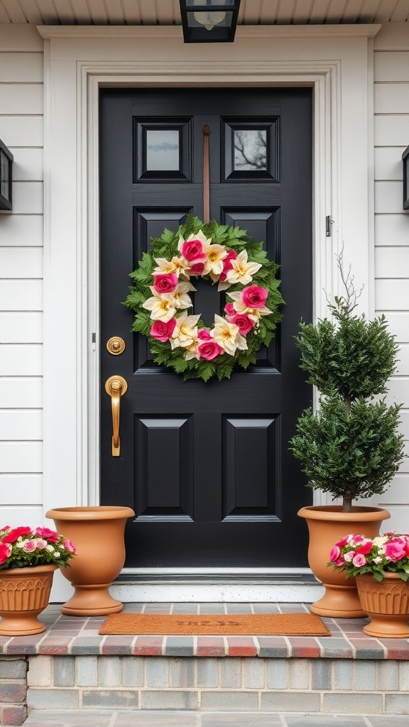 A welcoming front porch featuring a black door with a floral wreath, potted plants, and a doormat.