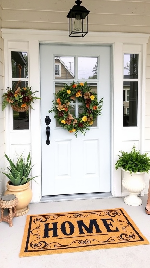 A charming farmhouse front porch with a wooden door, decorative wreath, and welcome mats.