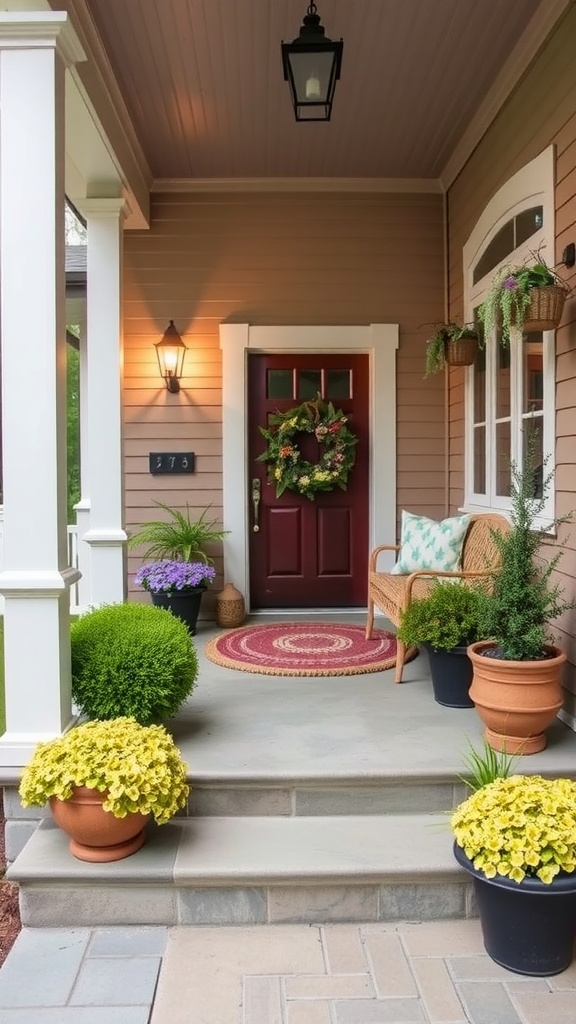 A welcoming front porch featuring comfortable seating, potted plants, and a hanging wreath.