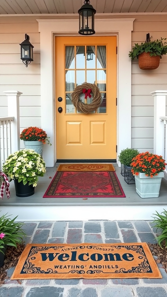 A cozy farmhouse front porch with a welcoming mat, potted plants, and a bright yellow door.