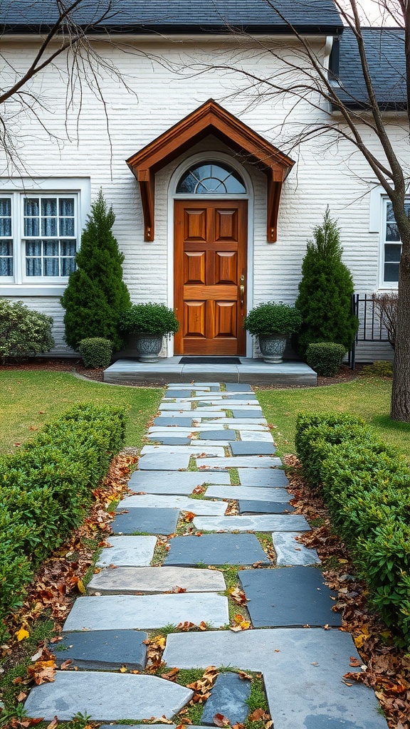 A quaint front entrance of a house featuring a wooden door with an arched window above, flanked by two potted evergreens. The pathway leading to the door is made of irregularly shaped stone slabs set in grass, with neatly trimmed hedges lining both sides. The house has white brick walls and a small gabled porch roof.