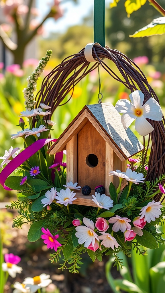 A beautiful spring wreath featuring a whimsical birdhouse surrounded by colorful flowers.