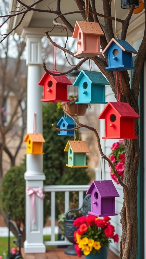 Colorful birdhouses hanging from a tree branch on a front porch, surrounded by flowers.