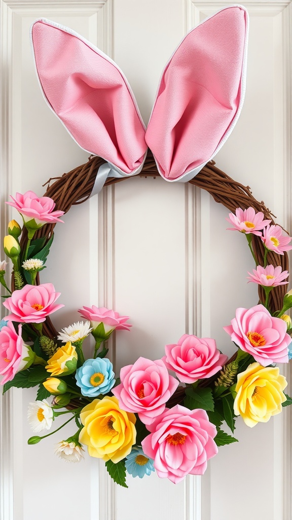 A wreath with pink bunny ears and colorful flowers, perfect for Easter decoration.